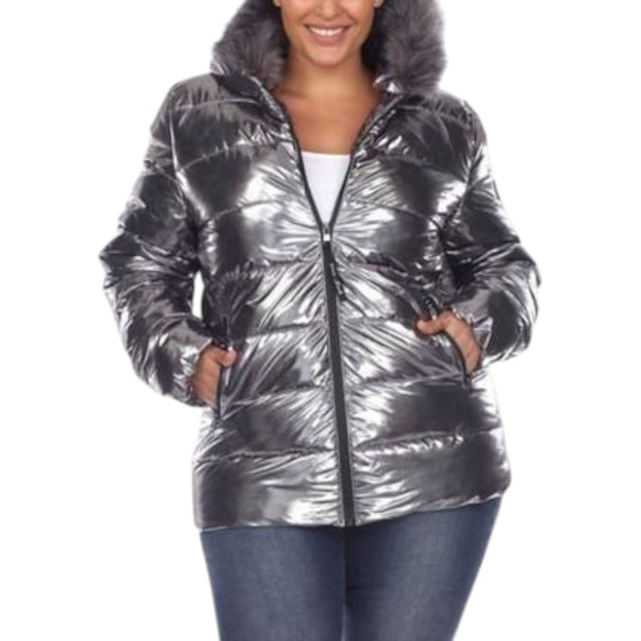 White Mark Metallic Puffer Coat Faux Fur Hooded Quilted Padded Winter Jacket 1X - Picture 1 of 3